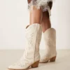 Glamorous Embroidered Western Knee Boots In Cream For Women