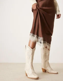 Glamorous Embroidered Western Knee Boots In Cream For Women -Glamorous Shop 207530389 4