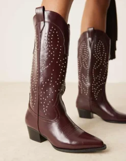 Glamorous Studded Western Knee Boots In Burgundy For Women Red Pu -Glamorous Shop 207530429 1 redpu 1