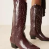 Glamorous Studded Western Knee Boots In Burgundy For Women Red Pu