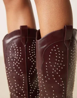 Glamorous Studded Western Knee Boots In Burgundy For Women Red Pu -Glamorous Shop 207530429 3