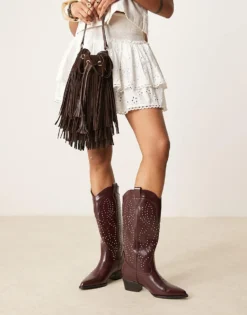 Glamorous Studded Western Knee Boots In Burgundy For Women Red Pu -Glamorous Shop 207530429 4