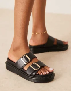 Glamorous Double Strap Footbed Sandals In Black For Women