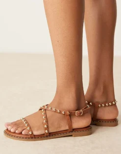 Glamorous Studded Flat Sandals In Tan For Women -Glamorous Shop 207530500 1 tan 1