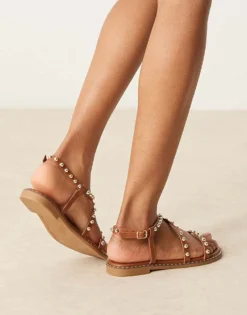 Glamorous Studded Flat Sandals In Tan For Women -Glamorous Shop 207530500 4