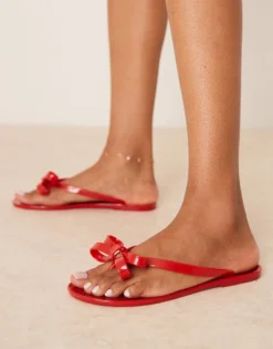 Glamorous Bow Flip Flops In Red For Women