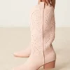 Glamorous Studded Western Knee Boots In Cream For Women Baby Pink Micro