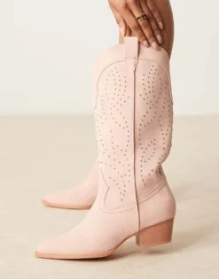 Glamorous Studded Western Knee Boots In Cream For Women Baby Pink Micro