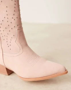 Glamorous Studded Western Knee Boots In Cream For Women Baby Pink Micro -Glamorous Shop 207530532 4