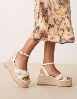 Glamorous Espadilles Platform Heeled Sandals In Beige Crochet For Women