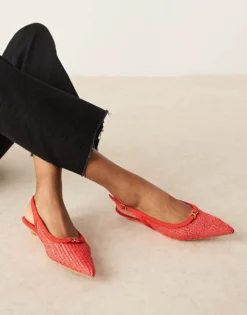 Glamorous Slingback Low Heeled Shoes In Red Raffia For Women