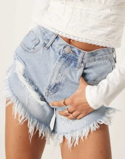 Glamorous Distressed High Waisted Denim Shorts In Denim Wash For Women Blue Denim -Glamorous Shop 207622254 4
