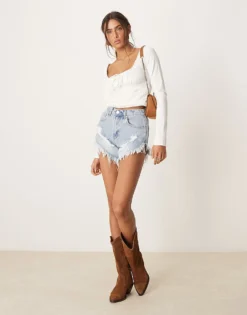 Glamorous Distressed High Waisted Denim Shorts In Denim Wash For Women Blue Denim -Glamorous Shop 207622254 5