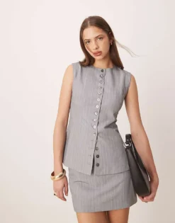 Glamorous Button Down Top In Grey Pinstripe For Women