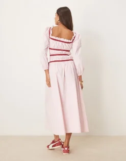 Glamorous Long Sleeve Square Neck Midaxi Dress In Light Pink With Red Contrast For Women Pink And Red -Glamorous Shop 207622388 3