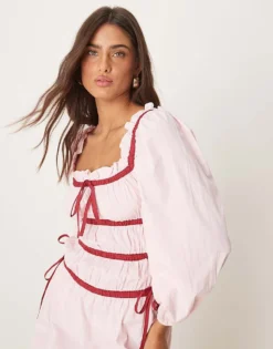 Glamorous Long Sleeve Square Neck Midaxi Dress In Light Pink With Red Contrast For Women Pink And Red -Glamorous Shop 207622388 4