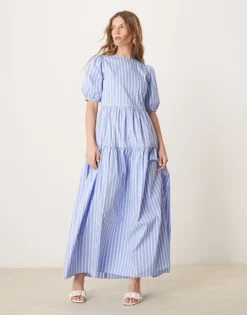 Glamorous Puff Sleeve Stripe Dress In Blue And White For Women Blue & White -Glamorous Shop 207622451 1 bluewhite 1