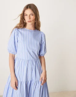 Glamorous Puff Sleeve Stripe Dress In Blue And White For Women Blue & White -Glamorous Shop 207622451 3
