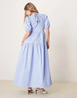 Glamorous Puff Sleeve Stripe Dress In Blue And White For Women Blue & White -Glamorous Shop 207622451 4