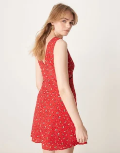 Glamorous V Neck Mini Dress With Bow In Red Ditsy Floral For Women -Glamorous Shop 207622529 4