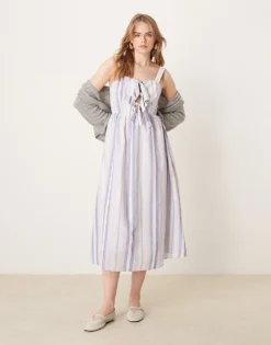 Glamorous Bow Front Midi Dress In Pastel Ric Rac Stripe For Women Multi Stripe