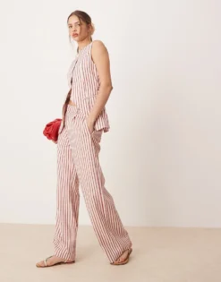Glamorous Low Rise Straight Leg Cotton Trousers In Red Stripe Co-ord For Women Light Stripe