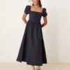 Glamorous Square Neck Puff Sleeve Midaxi Dress In Navy For Women