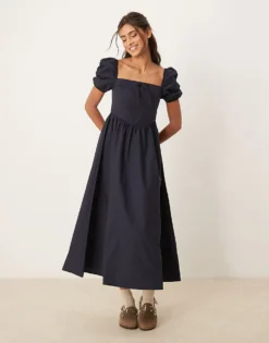 Glamorous Square Neck Puff Sleeve Midaxi Dress In Navy For Women