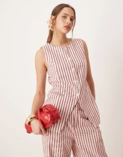 Glamorous Waistcoat Button Down Cotton Top With Tie In Red Stripe Co-ord For Women Light Stripe