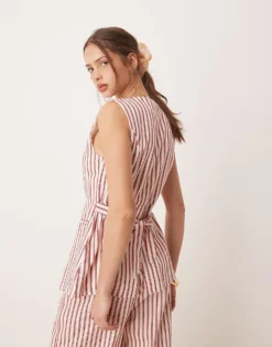 Glamorous Waistcoat Button Down Cotton Top With Tie In Red Stripe Co-ord For Women Light Stripe -Glamorous Shop 207622617 4