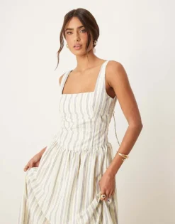 Glamorous Square Neck Drop Waist Midaxi Dress In White Stripe For Women -Glamorous Shop 207622673 3