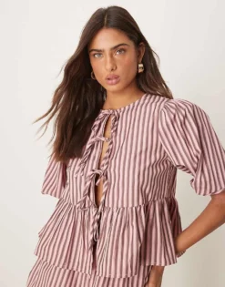 Glamorous Puff Sleeve Bow Tie Up Blouse In Pink Stripe Co-ord For Women