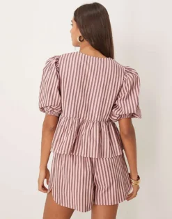 Glamorous Puff Sleeve Bow Tie Up Blouse In Pink Stripe Co-ord For Women -Glamorous Shop 207622709 3