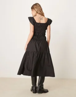 Glamorous Short Sleeve Shirred Poplin Midi Dress In Black For Women -Glamorous Shop 207622772 3