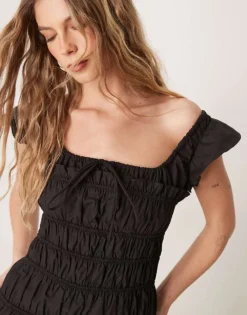 Glamorous Short Sleeve Shirred Poplin Midi Dress In Black For Women -Glamorous Shop 207622772 4