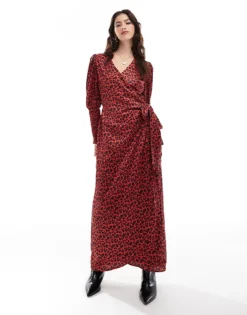 Glamorous Shirred Cuff Wrap Maxi-dress In Red Black Animal For Women