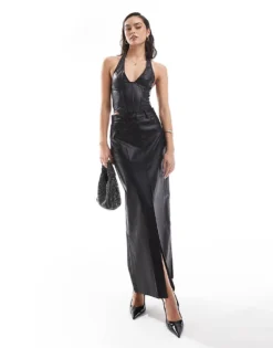 Glamorous Centre Split Midi Skirt In Black Pu For Women -Glamorous Shop 207674843 1 blackpu 1