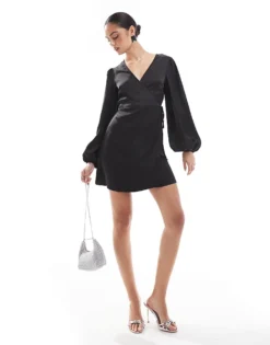Glamorous Wrap Mini Dress In Black Satin For Women Black Sateen