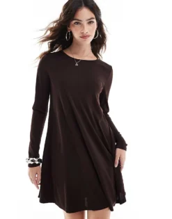 Glamorous Long Sleeve Swing Dress In Dark Brown For Women