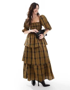 Glamorous Tiered Maxi Dress In Olive Check For Women
