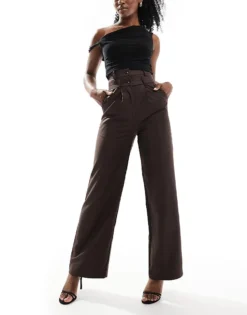 Glamorous Double Waisted Wide Leg Trousers In Dark Brown For Women