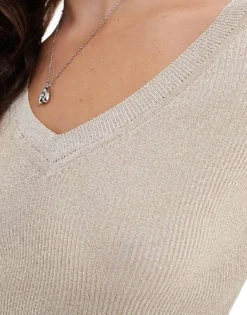 Glamorous Knitted V Neck Top In Gold Glitter Knit For Women -Glamorous Shop 207676113 3