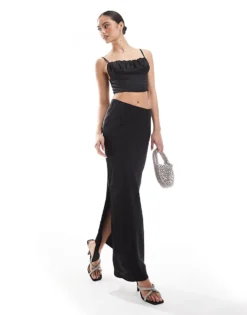 Glamorous Side Split Maxi Skirt In Black Satin For Women Black Sateen