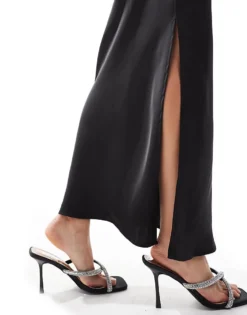 Glamorous Side Split Maxi Skirt In Black Satin For Women Black Sateen -Glamorous Shop 207676154 3