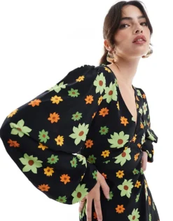 Glamorous V Neck Midi Dress In Black Green Flower For Women -Glamorous Shop 207676166 4