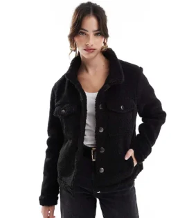 Glamorous Shearling Trucker Jacket In Black For Women