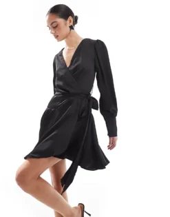 Glamorous Wrap Mini Dress In Black Sateen For Women