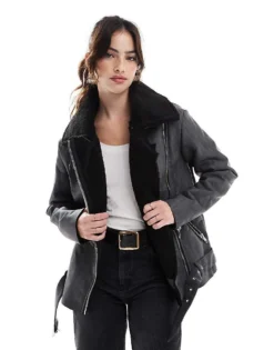 Glamorous Aviator Oversized Jacket In Washed Black For Women