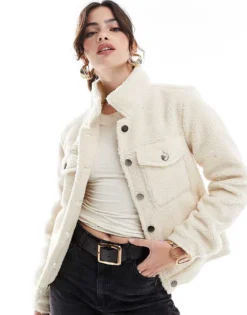 Glamorous Shearling Trucker Jacket In Cream For Women -Glamorous Shop 207676377 1 cream 1