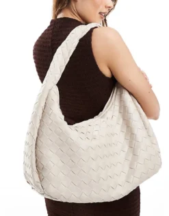 Glamorous Oversized Woven Shoulder Bag In Off White For Women Ivory